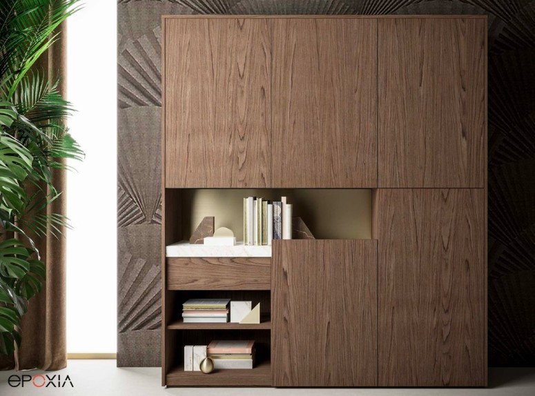 Armoire haut de gamme Block, finitions Noyer et plateau Marbre brillant