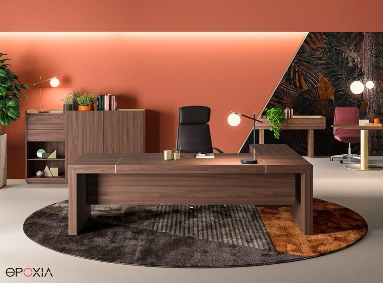 Bureau de direction droit Block, avec voile de fond finition noyer