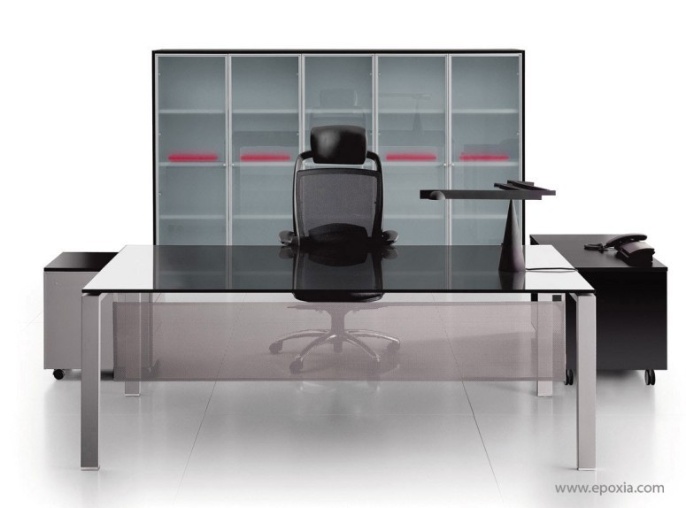 Bureau collection Glider verre laqué noir, avec voile de fond métal