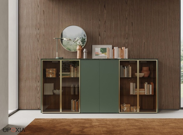 Exemple Rangement Profbox, top verre imprimé, joues et portes laque vert forêt