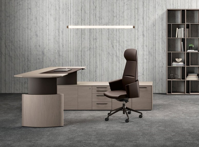 Ensemble bureau direction Eleva sur desserte porteuse, placage chêne naturel