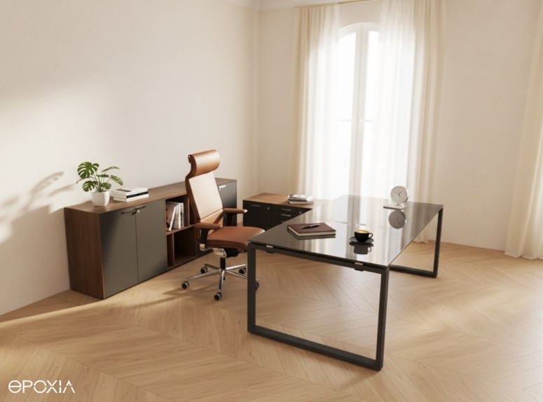 Bureau direction Loopy verre brillant anthracite, fauteuil Una Plus cuir