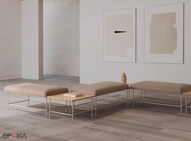 Banc modulaire Nuc composé de différentes assises et tables de séparation