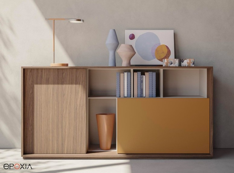 Armoire basse Sessanta, niche et portes en mélaminé bois ou uni
