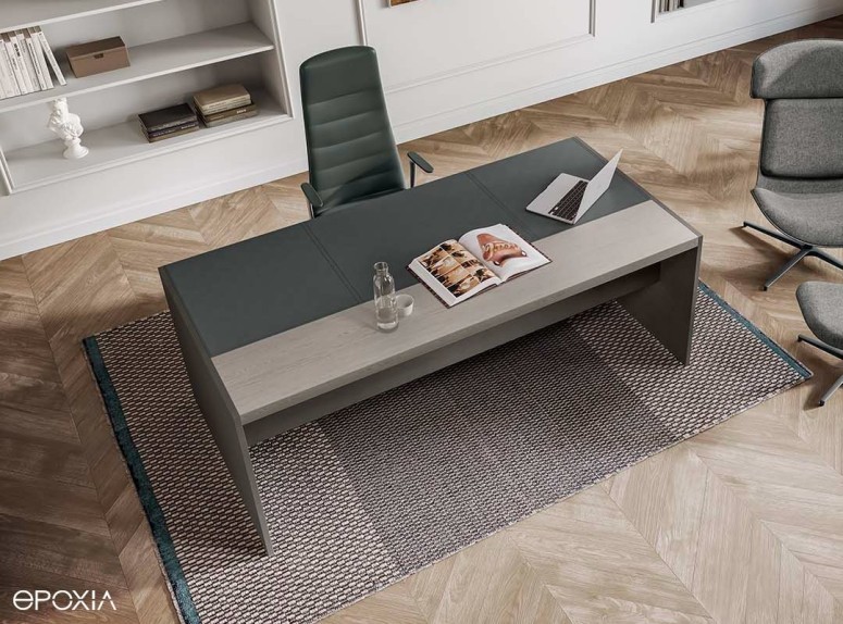 Bureau de direction e9, plateau Orme et insert en cuir Anthracite