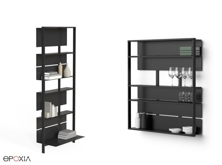 Etagère sur pied composée de 2 modules type 02 et tablettes B01, B02 et B03 et étagère murale