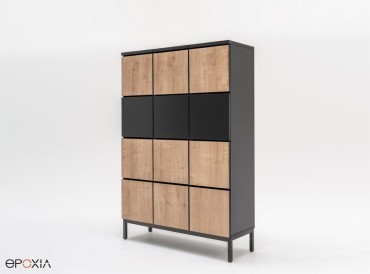 Exemple de composition pour 12 casiers Locker sur pieds, mélange de portes noires et bois