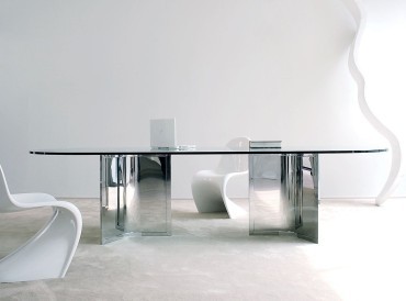 Table de réunion en verre Raj par Gallotti et Radice, pied panneau acier poli