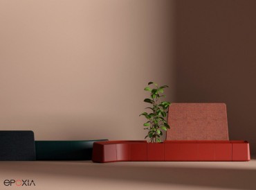 Exemple de composition du banc Sarek en version indoor avec écran de séparation haut et module jardinière tissu