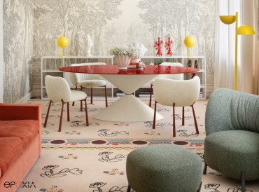 Fauteuils Mys aux pieds originaux, autour d'une table Clessidra