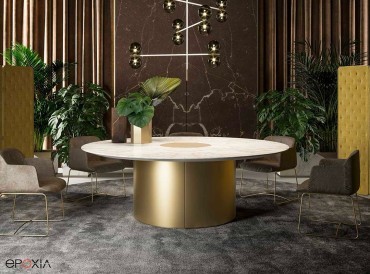 Table de réunion ronde Round, base en laiton, plateau marbre blanc et insert en cuir