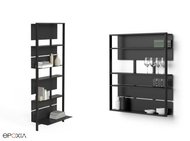Etagère sur pied composée de 2 modules type 02 et tablettes B01, B02 et B03 et étagère murale