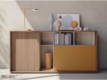 Armoire basse Sessanta, niche et portes en mélaminé bois ou uni