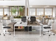 Bench 4 postes Atreo, pieds en anneau et desserte porteuse