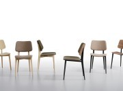 Collection de chaises Joe, pieds bois ou acier, assise bois, tissu ou cuir