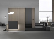 Banque d'accueil lumineuse Lux de Bralco, finitions mélaminé chêne naturel et Fenix