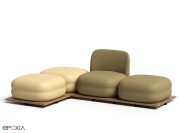 Exemple de configuration sur socles en bois, composée de poufs et fauteuil Vistas