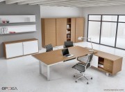 Bureau direction Archimede avec desserte porteuse mélaminé chêne americain