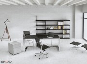 Bureau direction Archimède, plateau cuir, cadre & piètement inox poli