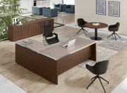 Bureau Odéon, plateau en verre Noisette et chant inox