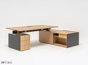 Bureau Viga, chêne naturel, sur caisson et desserte.
