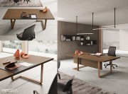 Bureau Archimede, plateau en ébénisterie Noyer Canaletto et pied en L cuivre 
