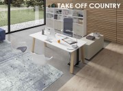 Bureau Take Off Country, plateau mélaminé blanc, piètement bois