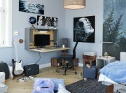 Bureau mural Mini Office en version ouverte, coloris graphite/chêne ambré