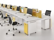 Bureau open space Téos, avec caisson compact bois, façade Moutarde