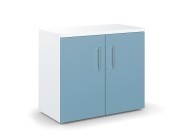 Comptoir bois, corps blanc et portes mélaminé cèdre bleu