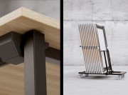 Détail du mécanisme. Les tables Pliana sont empilables par 11 verticalement sur le chariot de transport.