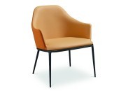 Fauteuil Lea, tapissé bi-matière tissu et cuir, pied métal noir laqué