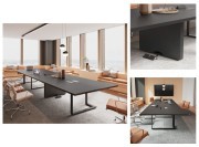 Table de réunion Archimède, plateau cuir et pied intermédiaire panneau