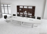 Grande table de réunion forme tonneau Archimède mélaminé blanc