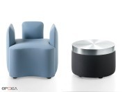 Pouf K2 avec accoudoirs et dossier, pouf K2 cylindrique avec plateau