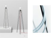 Lampadaires Model 3 et 2, finition noir mate. Cable électrique bleu ciel
