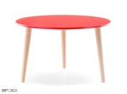 Table basse ronde plateau MDF laqué rouge, pieds frêne