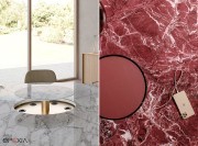 Détail du plateau et de l'insert, finition marbre blanc Calacatta et Rouge Lepanto