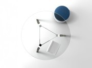 Table ronde collection Rail, verre clair et pieds bois