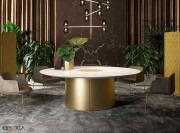 Table de réunion ronde Round, base en laiton, plateau marbre blanc et insert en cuir