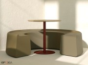 Banc Sarek en "C" FLEXYSKIN® Stone, table ronde plateau chêne, pied métal Eggplant