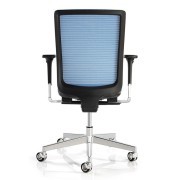 Fauteuil de bureau résille bleue, pietement roulettes aluminium poli