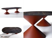 Table de réunion Clessidra oblongue L.250 cm, plateau Marbre noir desir, pied rouge Bulgare