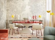 Table Clessidra elliptique, plateau verre teinté rouge, sièges MYS assortis