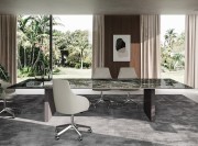 Table de réunion design Slim, plateau en finition verre imprimé brillant Marbre vert Lepanto