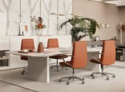 Table de réunion Slim, plateau en verre brillant imprimé marbre blanc Calacatta