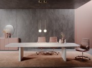 Table de réunion Slim, plateau en verre mat imprimé marbre blanc Calacatta
