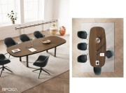 Table ovale Archimède pieds anneau, plateau en ébenisterie Noyer thermo traité