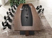 Table de réunion forme tonneau, plateau bi-matièreet piètement panneau métal