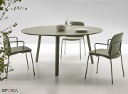 Table ronde Tknika Contract, plateau mélaminé vert Olive et piètement métal assorti